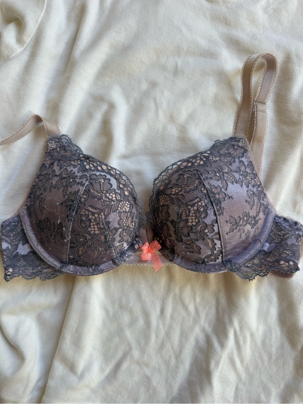 Victoria's Secret Lace Push-Up Bra in Mauve with Coral Bow  32a 2015